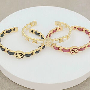Tory Burch Leather Braided Chain Open Cuff Bracelet